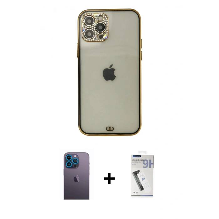 MARSİLYAN™- iPhone 12 Pro Max Kılıf Eksen Minimal Koleksiyonu - Şeffaf Uv Polymer Nano Ekran Koruyucu + Mavi Neon Fosforlu Kamera Lens