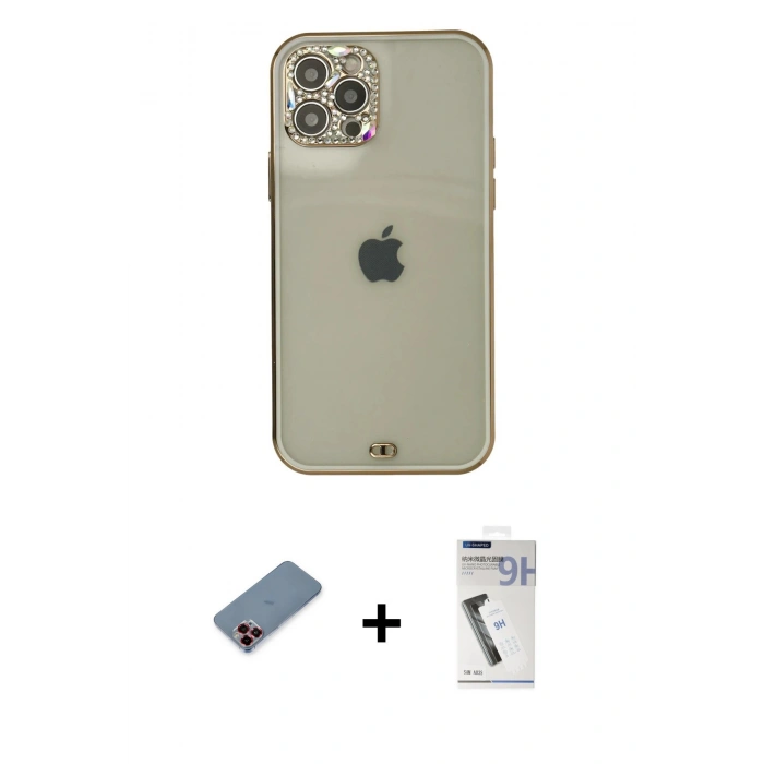 MARSİLYAN™- iPhone 12 Pro Max Kılıf Eksen Minimal Koleksiyonu - Şeffaf Uv Polymer Nano Ekran Koruyucu + Metal Kamera Lens Koruma Cam - KI