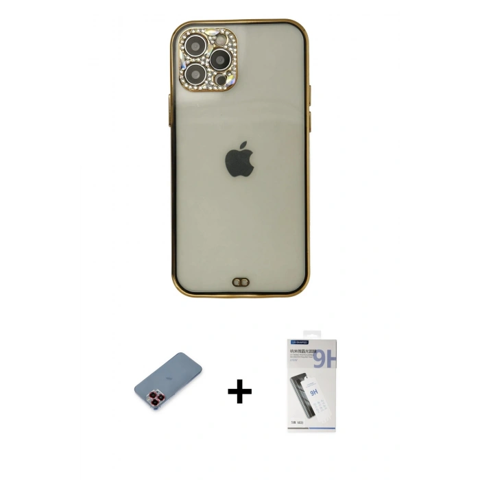 MARSİLYAN™- iPhone 12 Pro Max Kılıf Eksen Minimal Koleksiyonu - Şeffaf Uv Polymer Nano Ekran Koruyucu + Metal Kamera Lens Koruma Cam - KI