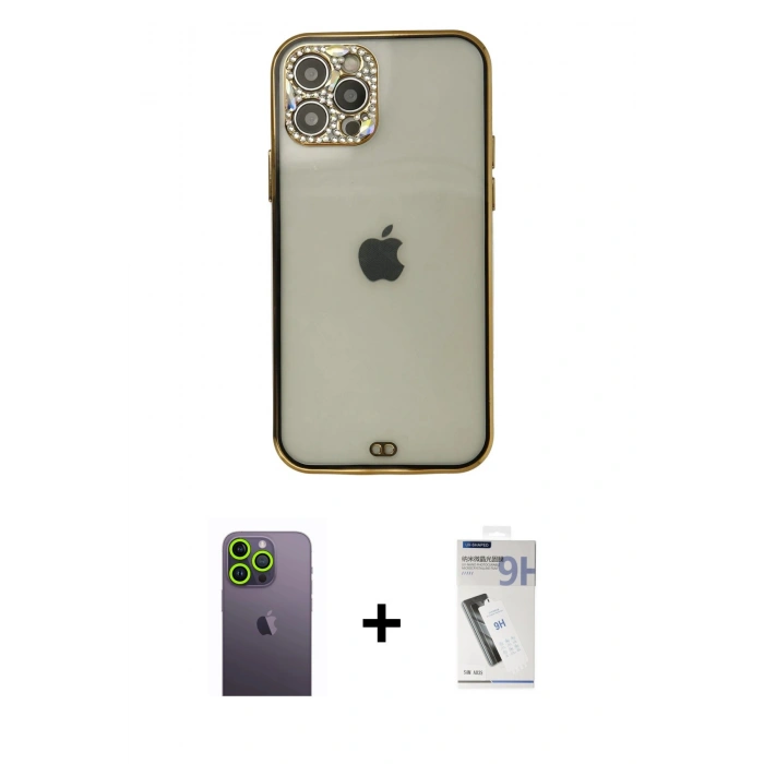 MARSİLYAN™- iPhone 12 Pro Max Kılıf Eksen Minimal Koleksiyonu - Şeffaf Uv Polymer Nano Ekran Koruyucu + Neon Fosforlu Kamera Lens - YL