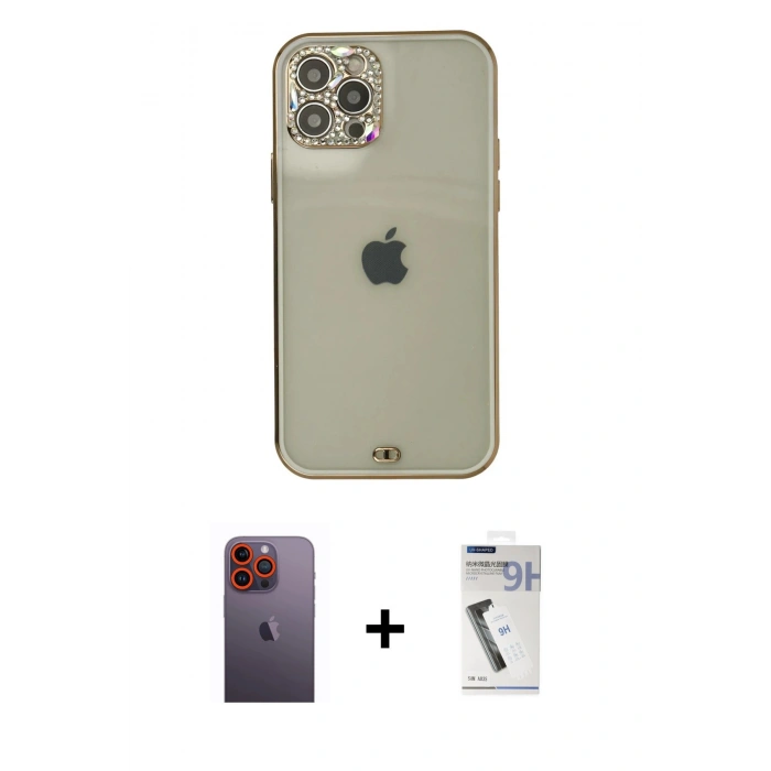 MARSİLYAN™- iPhone 12 Pro Max Kılıf Eksen Minimal Koleksiyonu - Şeffaf Uv Polymer Nano Ekran Koruyucu + Neon Fosforlu Kamera Lens - TU