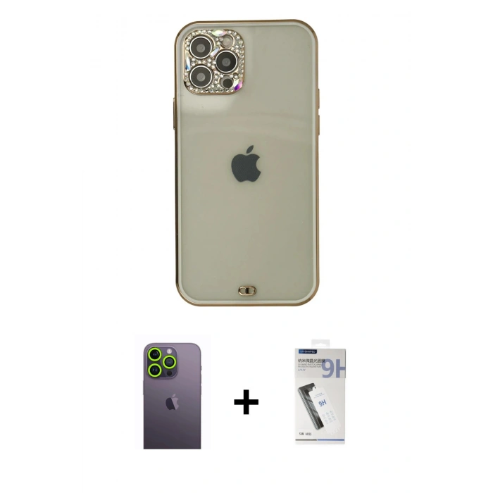 MARSİLYAN™- iPhone 12 Pro Max Kılıf Eksen Minimal Koleksiyonu - Şeffaf Uv Polymer Nano Ekran Koruyucu + Neon Fosforlu Kamera Lens - YL