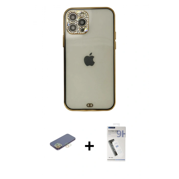 MARSİLYAN™- iPhone 12 Pro Max Kılıf Eksen Minimal Koleksiyonu - Şeffaf Uv Polymer Nano Ekran Koruyucu + Renkli Kamera Lens Koruma Cam - SI