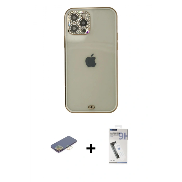 MARSİLYAN™- iPhone 12 Pro Max Kılıf Eksen Minimal Koleksiyonu - Şeffaf Uv Polymer Nano Ekran Koruyucu + Renkli Kamera Lens Koruma Cam - SI