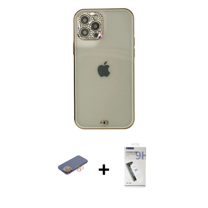 MARSİLYAN™- iPhone 12 Pro Max Kılıf Eksen Minimal Koleksiyonu - Şeffaf Uv Polymer Nano Ekran Koruyucu + Renkli Kamera Lens Koruma Cam - TU