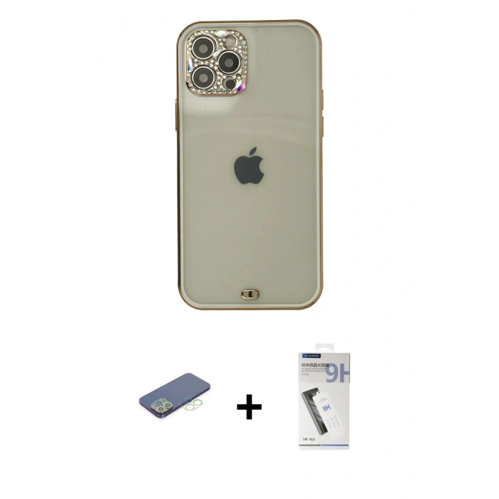 MARSİLYAN™- iPhone 12 Pro Max Kılıf Eksen Minimal Koleksiyonu - Şeffaf Uv Polymer Nano Ekran Koruyucu + Renkli Kamera Lens Koruma Cam - YL