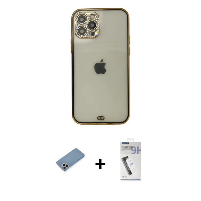 MARSİLYAN™- iPhone 12 Pro Max Kılıf Eksen Minimal Koleksiyonu - Şeffaf Uv Polymer Nano Ekran Koruyucu + Shine Kamera Lens Koruma Cam - GS