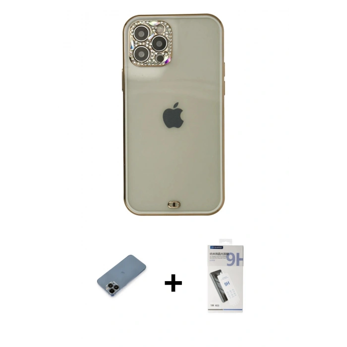 MARSİLYAN™- iPhone 12 Pro Max Kılıf Eksen Minimal Koleksiyonu - Şeffaf Uv Polymer Nano Ekran Koruyucu + Shine Kamera Lens Koruma Cam - SH