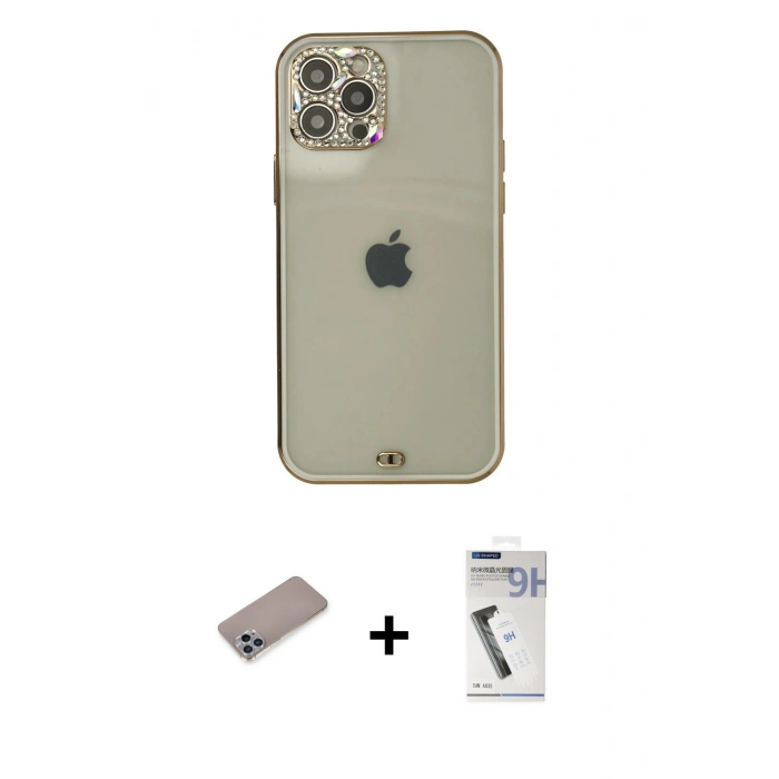 MARSİLYAN™- iPhone 12 Pro Max Kılıf Eksen Minimal Koleksiyonu - Şeffaf Uv Polymer Nano Ekran Koruyucu + Shine Kamera Lens Koruma Cam - SABE