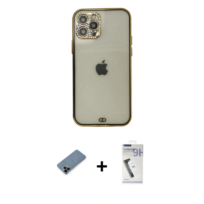 MARSİLYAN™- iPhone 12 Pro Max Kılıf Eksen Minimal Koleksiyonu - Şeffaf Uv Polymer Nano Ekran Koruyucu + Shine Kamera Lens Koruma Cam - SH