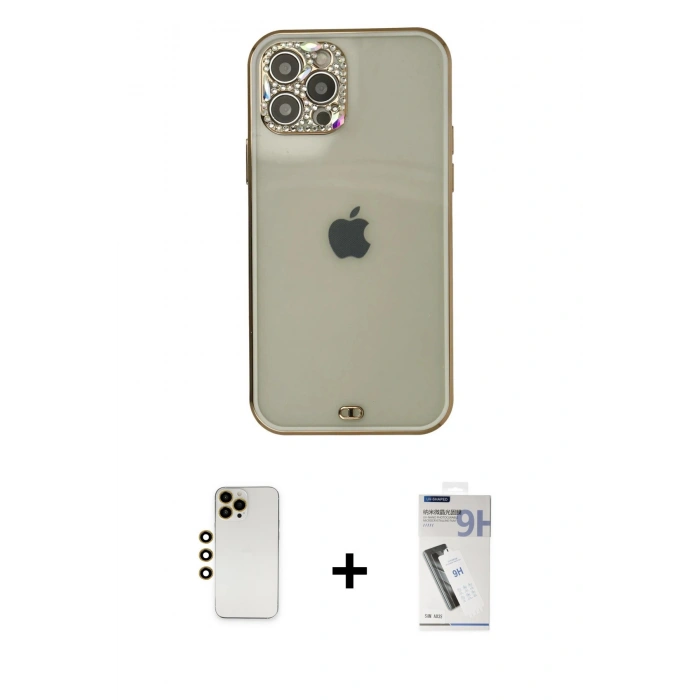 MARSİLYAN™- iPhone 12 Pro Max Kılıf Eksen Minimal Koleksiyonu - Şeffaf Uv Polymer Nano Ekran Koruyucu + Shine Kamera Lens - GD