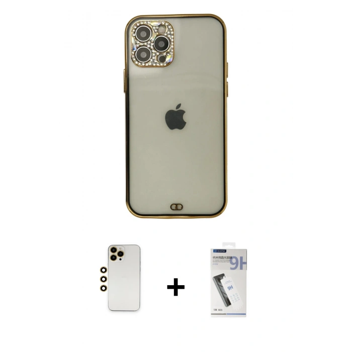 MARSİLYAN™- iPhone 12 Pro Max Kılıf Eksen Minimal Koleksiyonu - Şeffaf Uv Polymer Nano Ekran Koruyucu + Shine Kamera Lens - GD