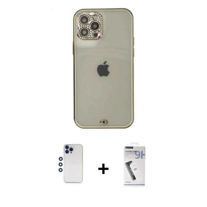 MARSİLYAN™- iPhone 12 Pro Max Kılıf Eksen Minimal Koleksiyonu - Şeffaf Uv Polymer Nano Ekran Koruyucu + Shine Kamera Lens - LT