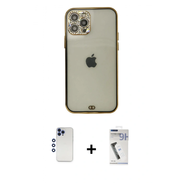 MARSİLYAN™- iPhone 12 Pro Max Kılıf Eksen Minimal Koleksiyonu - Şeffaf Uv Polymer Nano Ekran Koruyucu + Shine Kamera Lens - LT