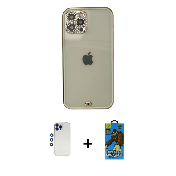 MARSİLYAN™- iPhone 12 Pro Max Kılıf Eksen Minimal Koleksiyonu - Siyah 18D Cam Ekran Koruyucu + Lacivert Shine Kamera Lens