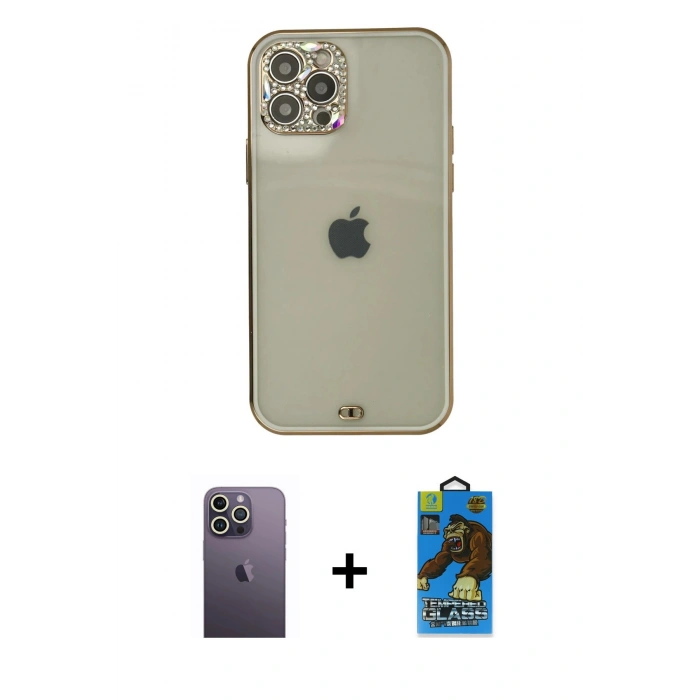 MARSİLYAN™- iPhone 12 Pro Max Kılıf Eksen Minimal Koleksiyonu - Siyah 18D Cam Ekran Koruyucu + Neon Fosforlu Kamera Lens - BZ