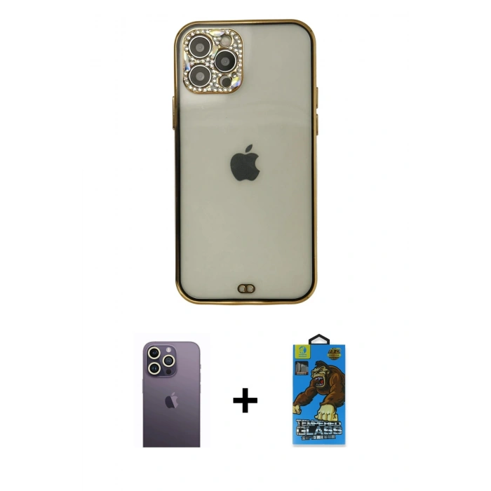 MARSİLYAN™- iPhone 12 Pro Max Kılıf Eksen Minimal Koleksiyonu - Siyah 18D Cam Ekran Koruyucu + Neon Fosforlu Kamera Lens - BZ