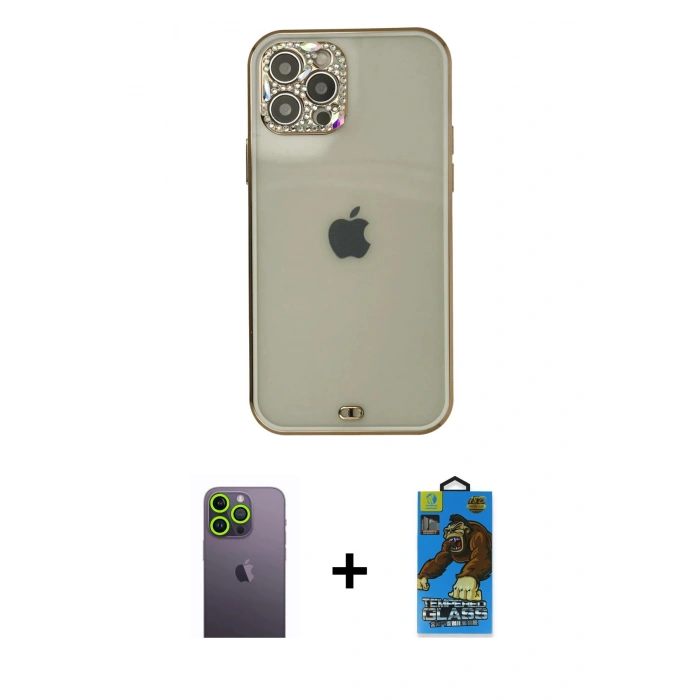 MARSİLYAN™- iPhone 12 Pro Max Kılıf Eksen Minimal Koleksiyonu - Siyah 18D Cam Ekran Koruyucu + Neon Fosforlu Kamera Lens - YL