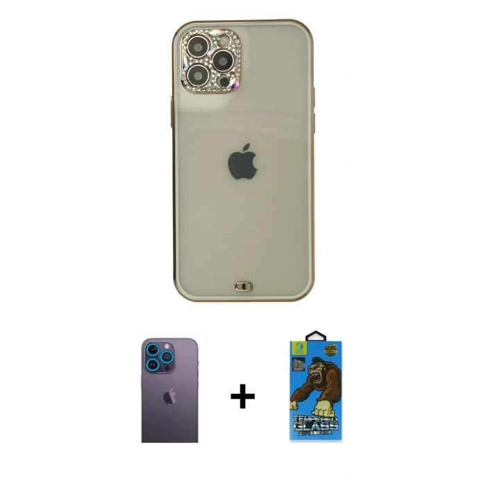 MARSİLYAN™- iPhone 12 Pro Max Kılıf Eksen Minimal Koleksiyonu - Siyah 18D Cam Ekran Koruyucu + Neon Fosforlu Kamera Lens - MI