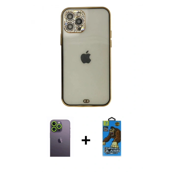 MARSİLYAN™- iPhone 12 Pro Max Kılıf Eksen Minimal Koleksiyonu - Siyah 18D Cam Ekran Koruyucu + Neon Fosforlu Kamera Lens - YL