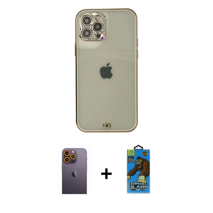MARSİLYAN™- iPhone 12 Pro Max Kılıf Eksen Minimal Koleksiyonu - Siyah 18D Cam Ekran Koruyucu + Neon Fosforlu Kamera Lens - SI