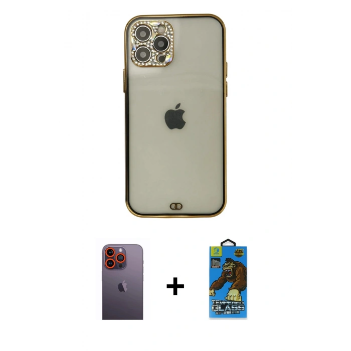 MARSİLYAN™- iPhone 12 Pro Max Kılıf Eksen Minimal Koleksiyonu - Siyah 18D Cam Ekran Koruyucu + Neon Fosforlu Kamera Lens - TU