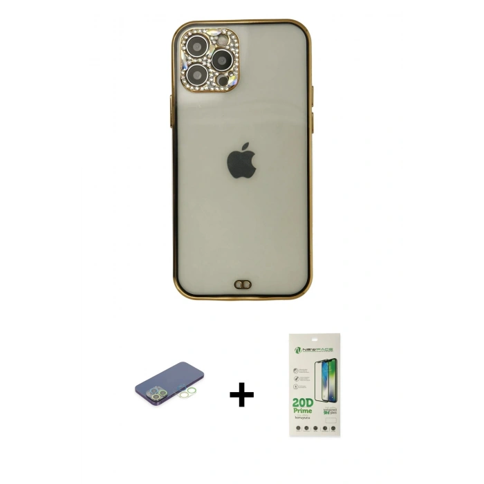 MARSİLYAN™- iPhone 12 Pro Max Kılıf Eksen Minimal Koleksiyonu - Siyah 20D Premium Cam Ekran Koruyucu + Renkli Kamera Lens Koruma Cam - YL