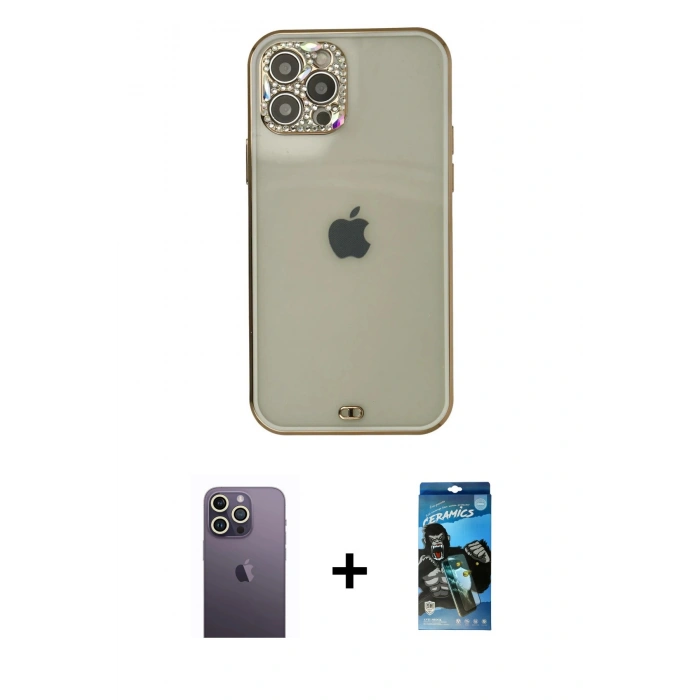MARSİLYAN™- iPhone 12 Pro Max Kılıf Eksen Minimal Koleksiyonu - Siyah 34D Izgaralı Cam + Neon Fosforlu Kamera Lens - BZ