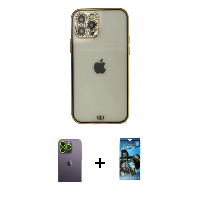MARSİLYAN™- iPhone 12 Pro Max Kılıf Eksen Minimal Koleksiyonu - Siyah 34D Izgaralı Cam + Neon Fosforlu Kamera Lens - YL