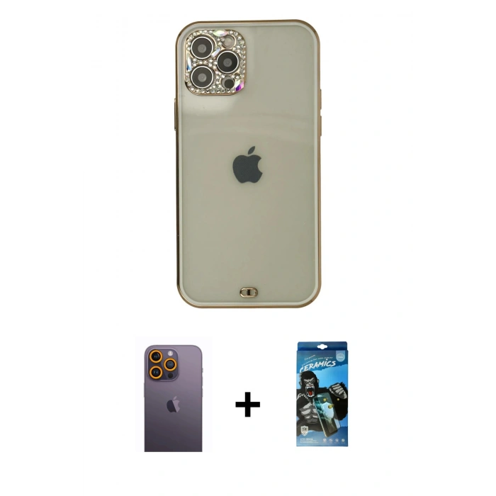MARSİLYAN™- iPhone 12 Pro Max Kılıf Eksen Minimal Koleksiyonu - Siyah 34D Izgaralı Cam + Neon Fosforlu Kamera Lens - SI