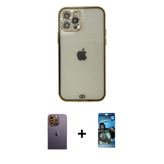 MARSİLYAN™- iPhone 12 Pro Max Kılıf Eksen Minimal Koleksiyonu - Siyah 34D Izgaralı Cam + Neon Fosforlu Kamera Lens - SI