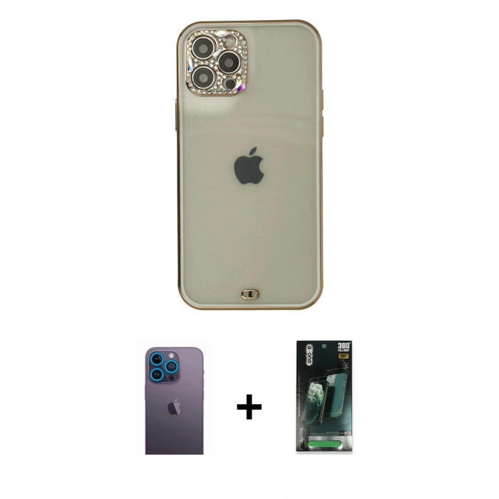 MARSİLYAN™- iPhone 12 Pro Max Kılıf Eksen Minimal Koleksiyonu - Siyah 360 Mat Full Body Arka Koruyucu + Neon Fosforlu Kamera Lens - MI