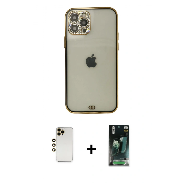 MARSİLYAN™- iPhone 12 Pro Max Kılıf Eksen Minimal Koleksiyonu - Siyah 360 Mat Full Body Arka Koruyucu + Shine Kamera Lens - GD