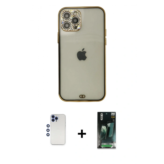 MARSİLYAN™- iPhone 12 Pro Max Kılıf Eksen Minimal Koleksiyonu - Siyah 360 Mat Full Body Arka Koruyucu + Shine Kamera Lens - LT