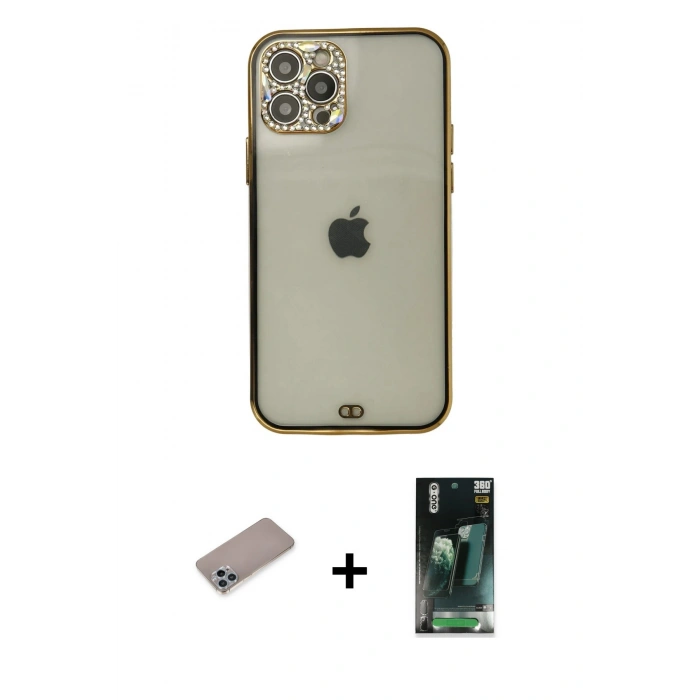MARSİLYAN™- iPhone 12 Pro Max Kılıf Eksen Minimal Koleksiyonu - Siyah 360 Mat Full Body Arka Koruyucu + Sierra Blue Shine Kamera Lens Koruma Cam