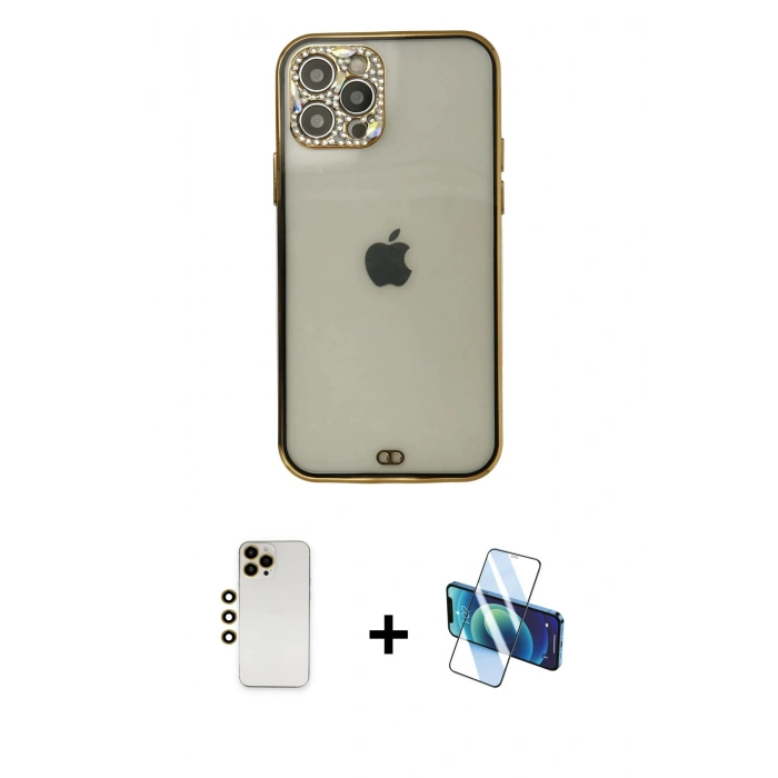 MARSİLYAN™- iPhone 12 Pro Max Kılıf Eksen Minimal Koleksiyonu - Siyah 3D Antistatik Cam Ekran Koruyucu + Shine Kamera Lens - GD