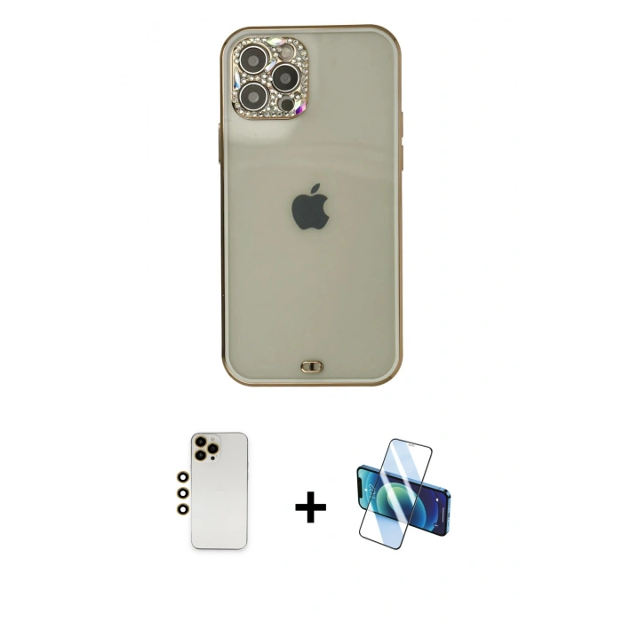 MARSİLYAN™- iPhone 12 Pro Max Kılıf Eksen Minimal Koleksiyonu - Siyah 3D Antistatik Cam Ekran Koruyucu + Shine Kamera Lens - GD