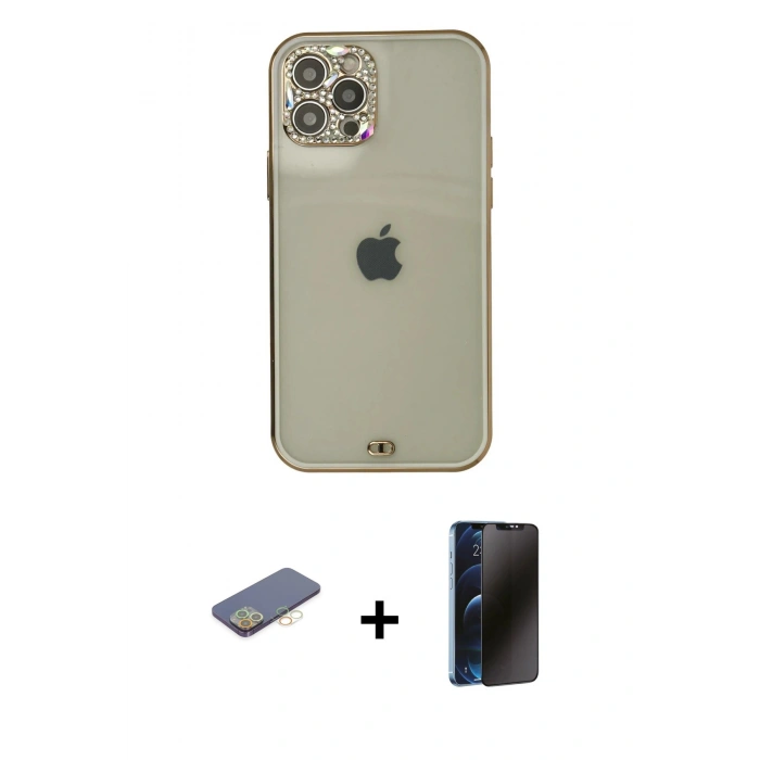 MARSİLYAN™- iPhone 12 Pro Max Kılıf Eksen Minimal Koleksiyonu - Siyah 3D Antistatik Hayalet Cam Ekran Koruyucu + Sarı Renkli Kamera Lens Koruma Cam