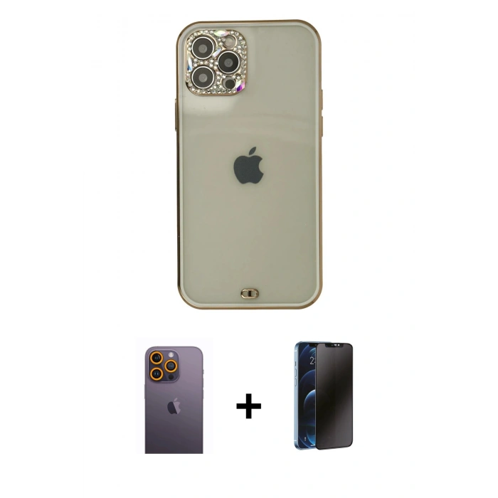 MARSİLYAN™- iPhone 12 Pro Max Kılıf Eksen Minimal Koleksiyonu - Siyah 3D Antistatik Hayalet Cam Ekran Koruyucu + Neon Fosforlu Kamera Lens - SI