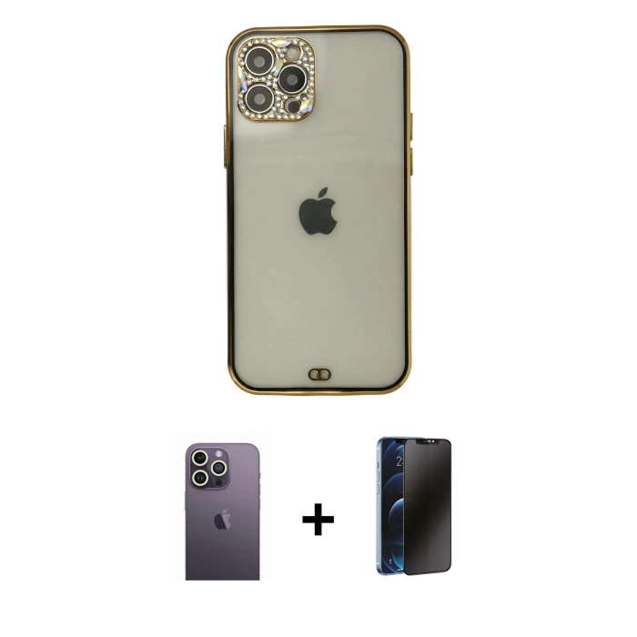 MARSİLYAN™- iPhone 12 Pro Max Kılıf Eksen Minimal Koleksiyonu - Siyah 3D Antistatik Hayalet Cam Ekran Koruyucu + Neon Fosforlu Kamera Lens - BZ