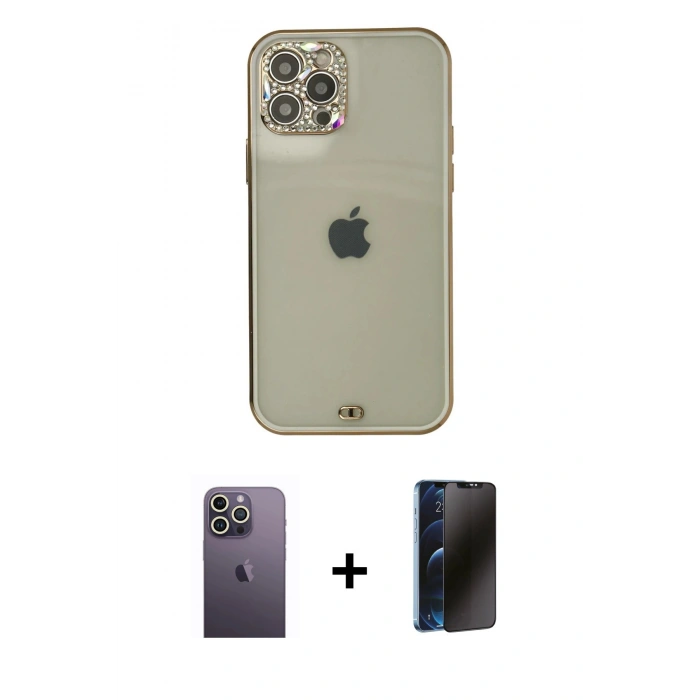 MARSİLYAN™- iPhone 12 Pro Max Kılıf Eksen Minimal Koleksiyonu - Siyah 3D Antistatik Hayalet Cam Ekran Koruyucu + Neon Fosforlu Kamera Lens - BZ