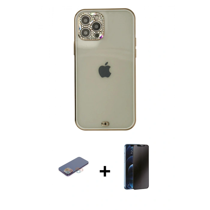 MARSİLYAN™- iPhone 12 Pro Max Kılıf Eksen Minimal Koleksiyonu - Siyah 3D Antistatik Hayalet Cam Ekran Koruyucu + Pembe Renkli Kamera Lens Koruma Cam