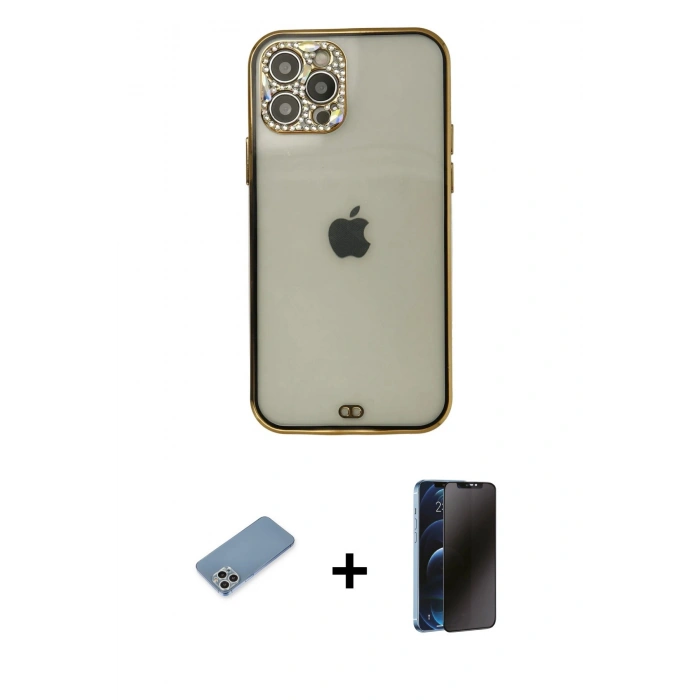 MARSİLYAN™- iPhone 12 Pro Max Kılıf Eksen Minimal Koleksiyonu - Siyah 3D Antistatik Hayalet Cam Ekran Koruyucu + Shine Kamera Lens Koruma Cam - GS
