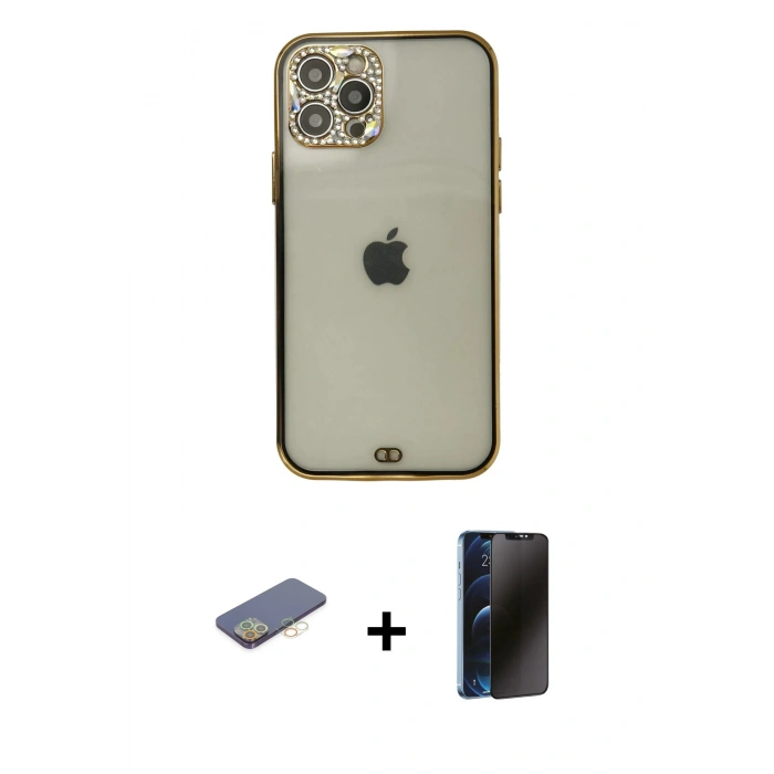 MARSİLYAN™- iPhone 12 Pro Max Kılıf Eksen Minimal Koleksiyonu - Siyah 3D Antistatik Hayalet Cam Ekran Koruyucu + Sarı Renkli Kamera Lens Koruma Cam