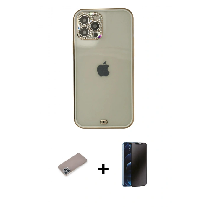 MARSİLYAN™- iPhone 12 Pro Max Kılıf Eksen Minimal Koleksiyonu - Siyah 3D Antistatik Hayalet Cam Ekran Koruyucu + Shine Kamera Lens Koruma Cam - SABE