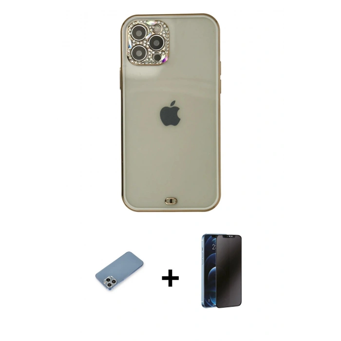MARSİLYAN™- iPhone 12 Pro Max Kılıf Eksen Minimal Koleksiyonu - Siyah 3D Antistatik Hayalet Cam Ekran Koruyucu + Shine Kamera Lens Koruma Cam - GS