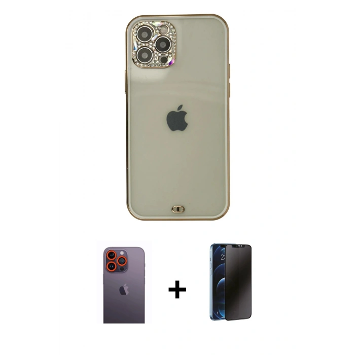 MARSİLYAN™- iPhone 12 Pro Max Kılıf Eksen Minimal Koleksiyonu - Siyah 3D Antistatik Hayalet Cam Ekran Koruyucu + Neon Fosforlu Kamera Lens - TU