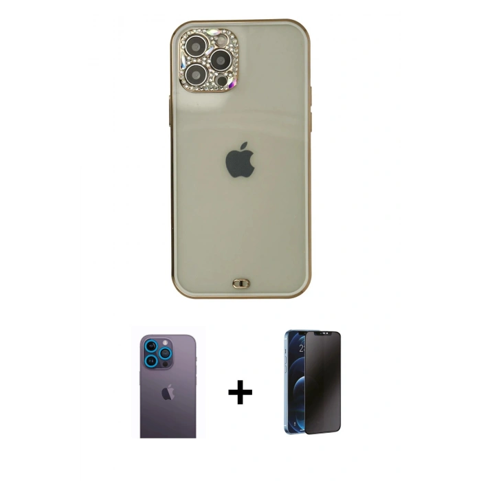 MARSİLYAN™- iPhone 12 Pro Max Kılıf Eksen Minimal Koleksiyonu - Siyah 3D Antistatik Hayalet Cam Ekran Koruyucu + Neon Fosforlu Kamera Lens - MI