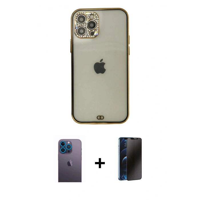 MARSİLYAN™- iPhone 12 Pro Max Kılıf Eksen Minimal Koleksiyonu - Siyah 3D Antistatik Hayalet Cam Ekran Koruyucu + Neon Fosforlu Kamera Lens - MI