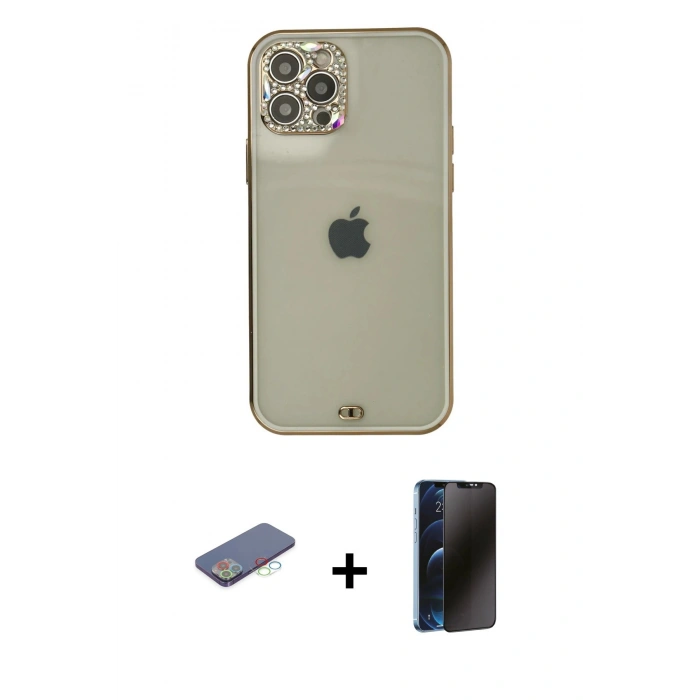 MARSİLYAN™- iPhone 12 Pro Max Kılıf Eksen Minimal Koleksiyonu - Siyah 3D Antistatik Hayalet Cam Ekran Koruyucu + Renkli Kamera Lens Koruma Cam - MI
